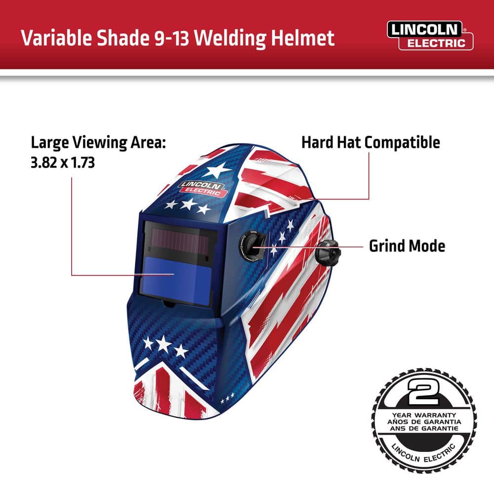 Lincoln Electric Auto-Darkening Welding Helmet with Variable Shade Lens No. 9-13 (1.73 x 3.82 in. Viewing Area), Patriot Design (2)