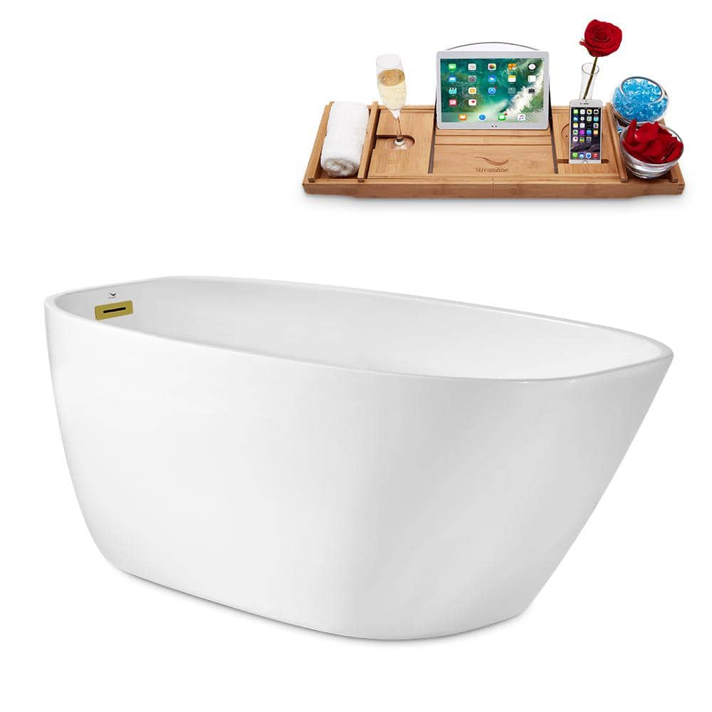 Streamline Acrylic Flatbottom Non-Whirlpool Bathtub Glossy White with Polished Gold Drain and Overflow Cover (2)