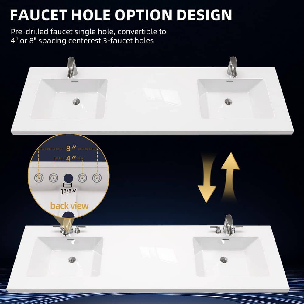 Zeafive Tor 72 in. W 22 in. D Solid Surface Cultured Marble Vanity Top White Integrated Sink Bathroom Double Basin Countertop (4)