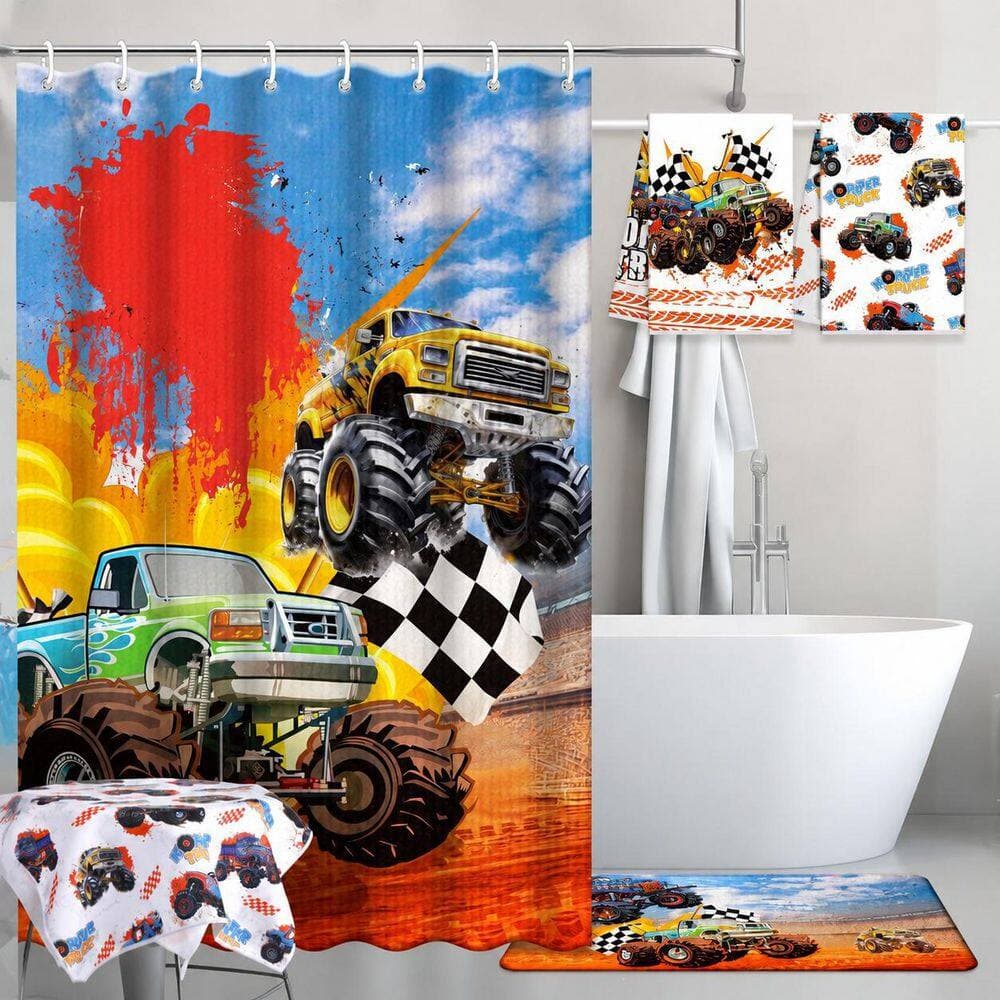 Anqtovp Mainly Red 70.9 in. W x 70.9 in. L Polyester Fiber Shower Curtain Set in Truck Pattern with Bath Mat U Mat Toilet Cover (2)