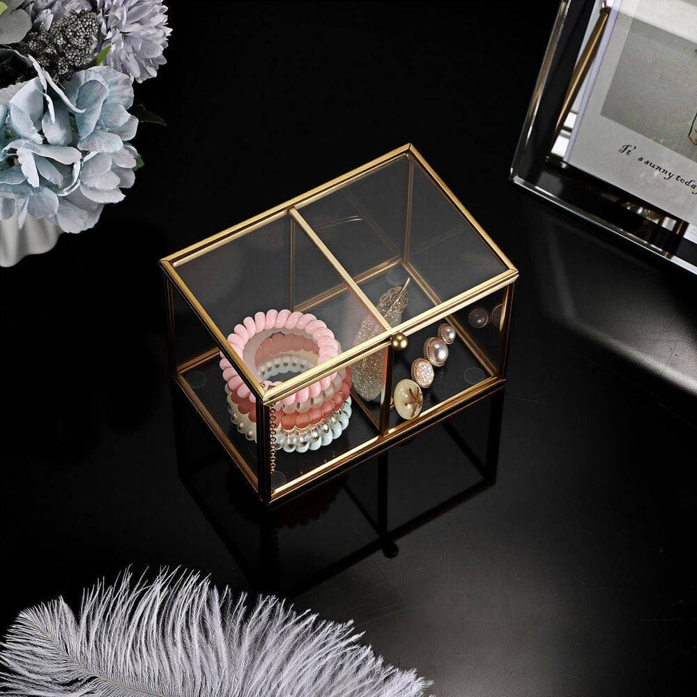 KHKFY 2-Slot Gold Frame Glass Cotton Swab Holder with Flip Lid and Chain Bathroom Vanity Organizer Container (3)