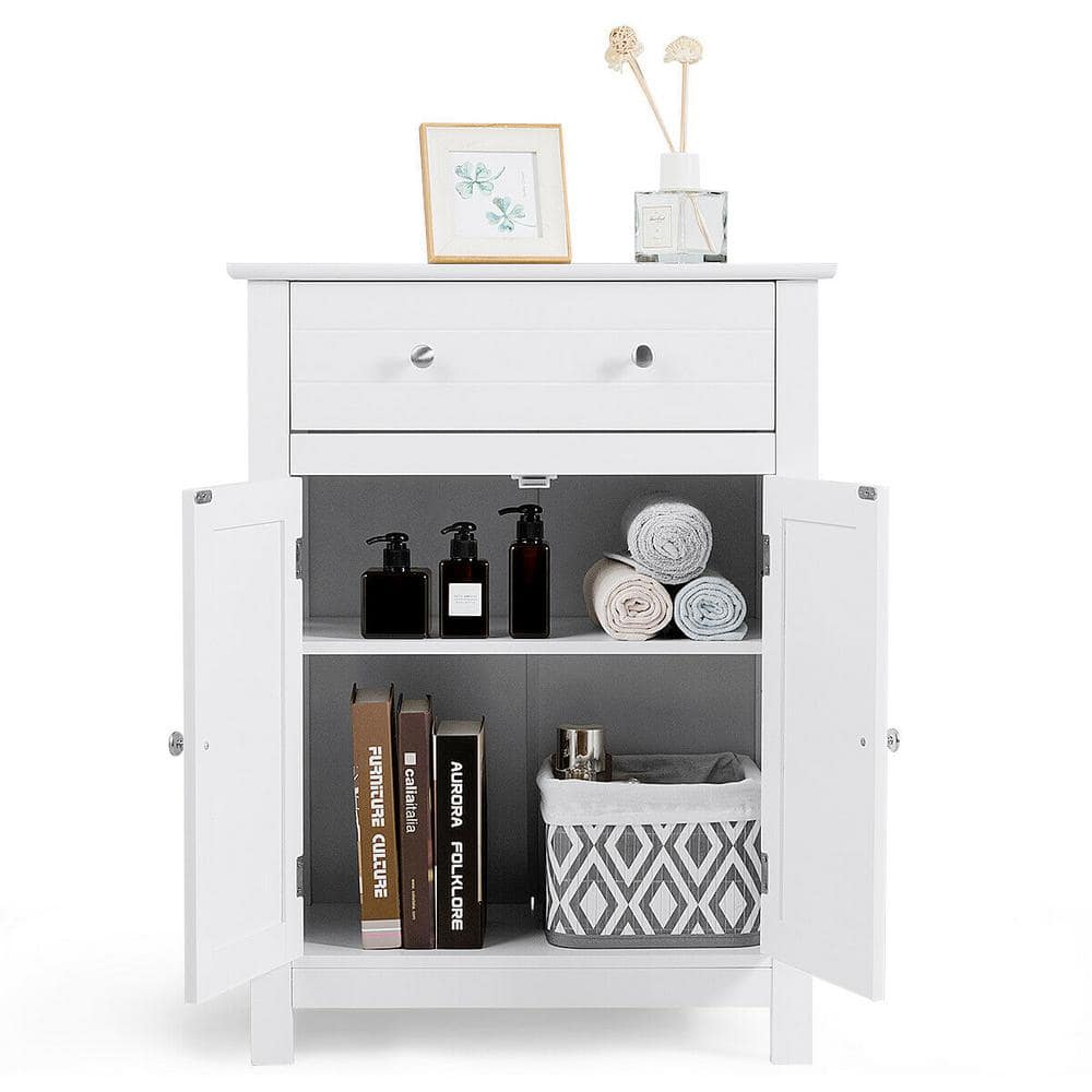 Gymax 23.5 in. W Bathroom Storage Linen Cabinet Free Standing Large Drawer W/Adjustable Shelf (3)