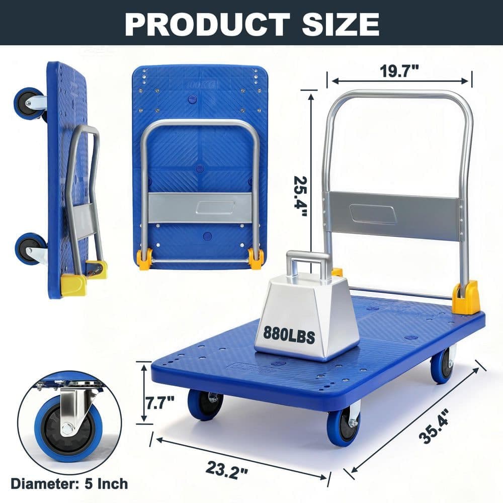 Tatayosi Foldable Push Hand Cart with Wheels, Platform Truck with 880 lbs. Weight Capacity, Blue (3)
