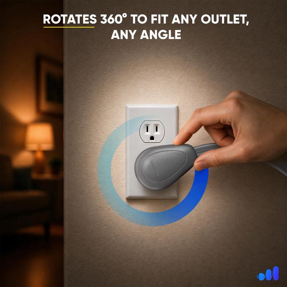 MAXIMM 1 ft. 14/3 Medium/Heavy Duty Indoor 360 Rotating Plug Extension Cord with Wall Mount and Hanging Loop, 15 Amps, Gray (2)
