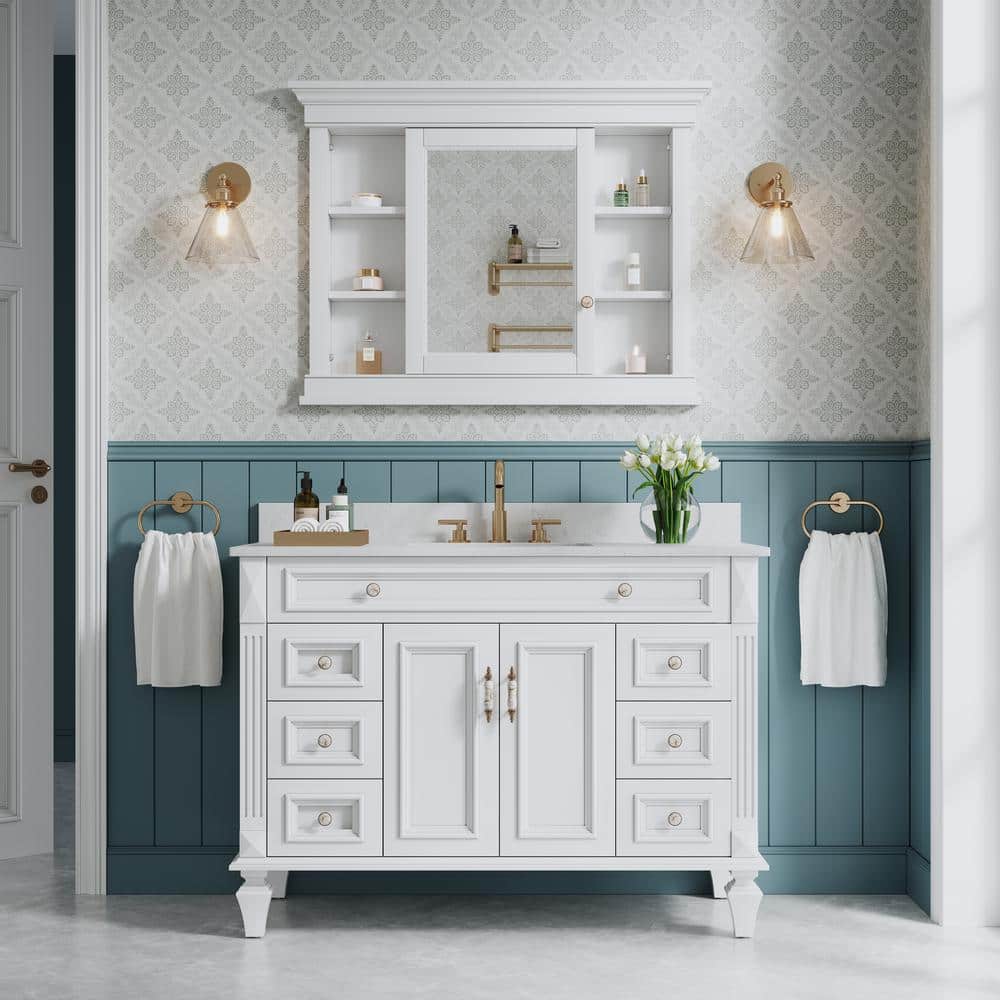 WELLFOR 42 in. W x 32 in. H Rectangular Recessed Solid Wood Bathroom Medicine Cabinet with Mirror, Bi-View Glass Door BLUM Hinge (2)