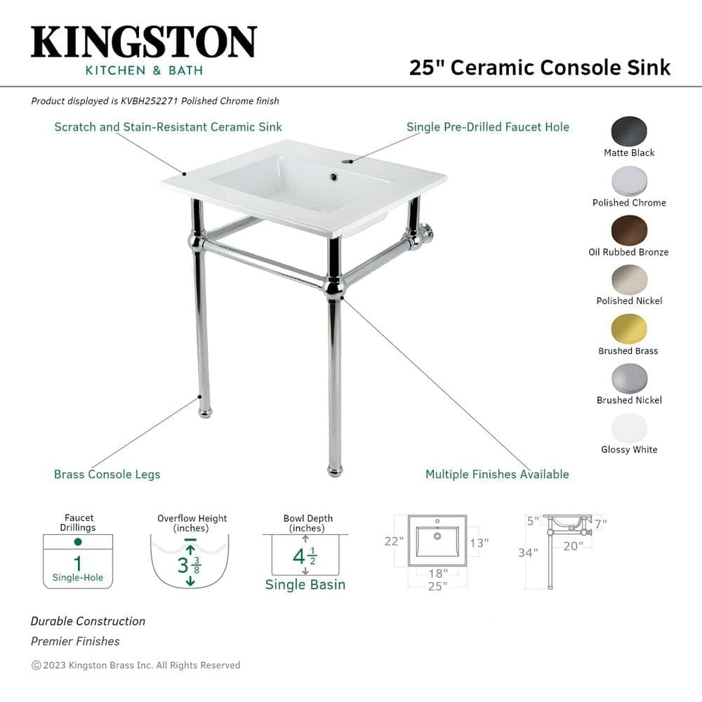 Kingston Brass Fauceture 25 in. Ceramic Console Sink Set with Brass Legs in White/Polished Chrome (2)