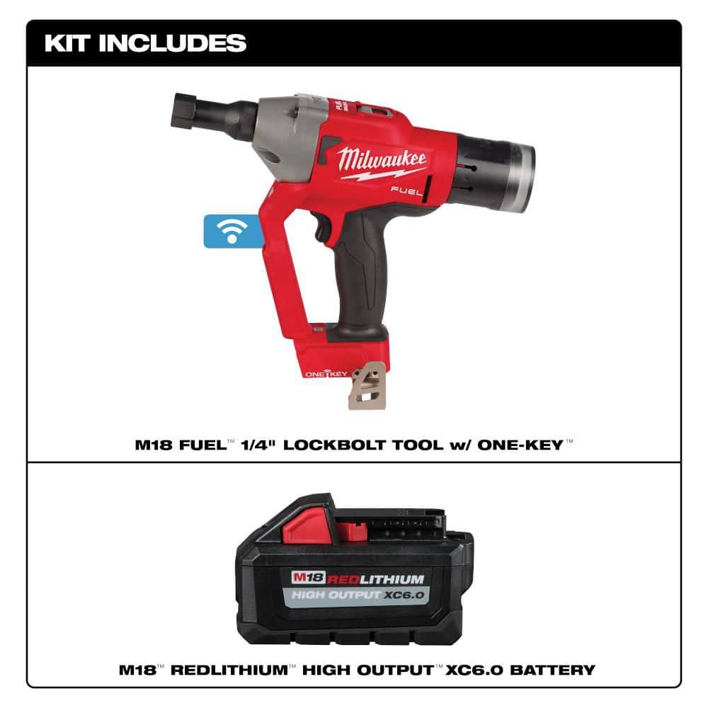 Milwaukee M18 FUEL ONE-KEY 18V Lith-Ion Brushless Cordless 1/4 in. Lockbolt Tool w/ (1) HIGH OUTPUT 6.0 Ah Battery (2)