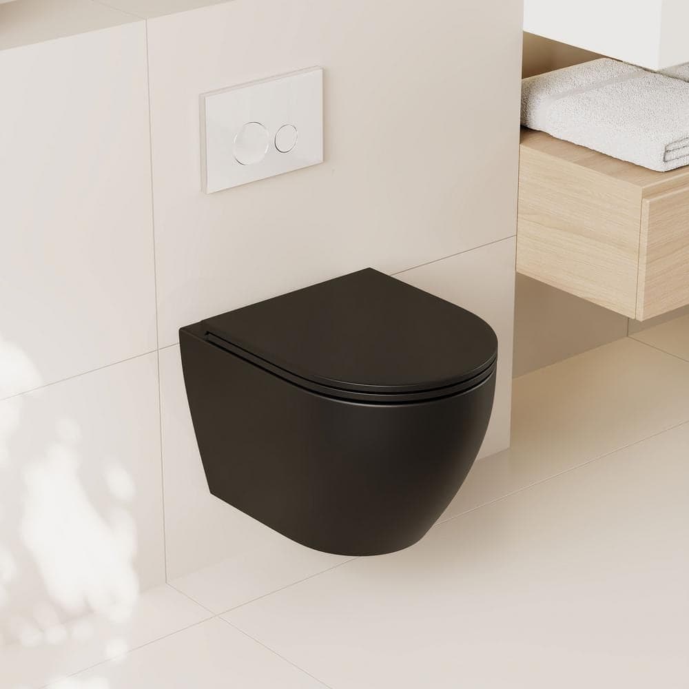 DEERVALLEY Liberty 1-Piece 1.1/1.6 GPF Dual Flush Elongated Wall Hung Toilets in Black, Soft Closing Seat Included (1)