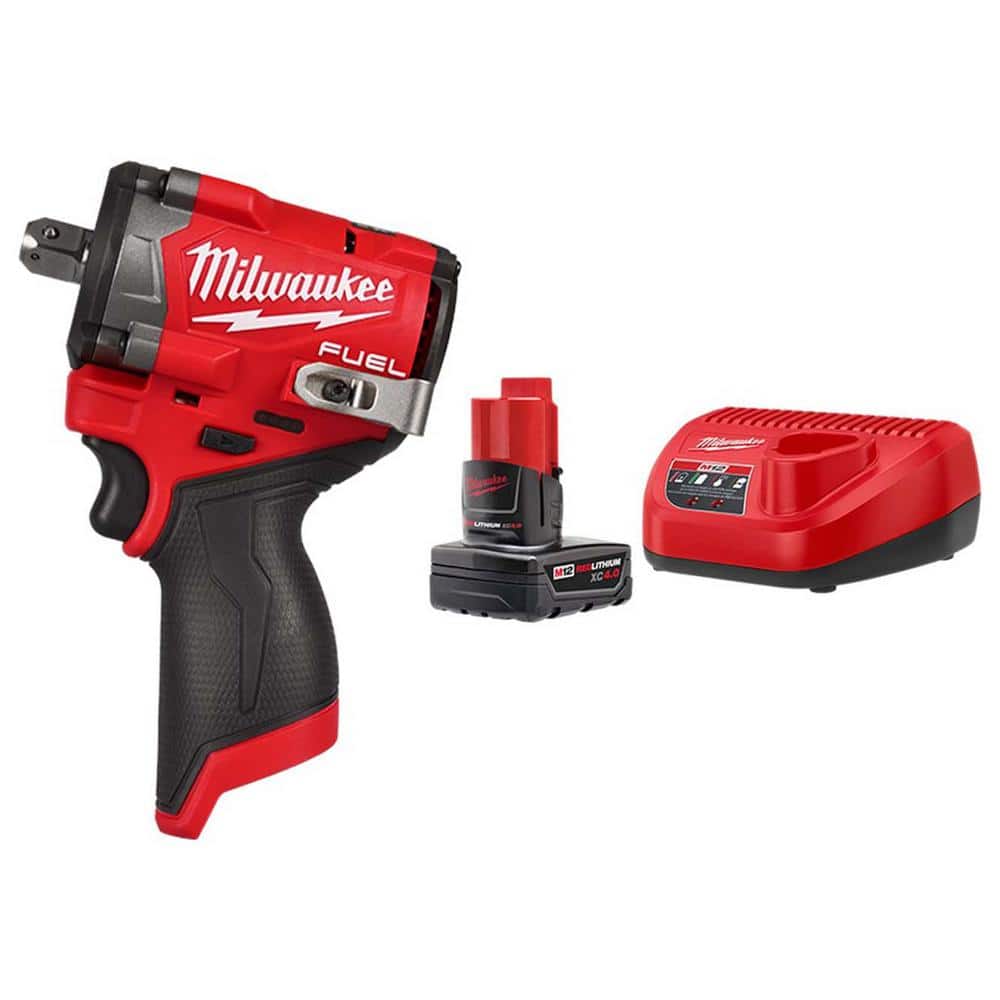 Milwaukee M12 FUEL 12V Li-Ion Brushless Cordless Stubby 1/2in. Impact Wrench with Pin Detent with M12 XC4.0 Ah Battery and Charger (1)