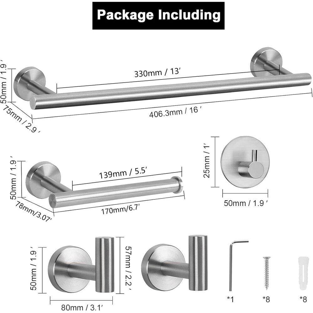 Wudkey 5-Piece Bathroom Hardware Set with Towel Bar, Toilet Paper Holder and Hooks in Brushed Nickel (2)