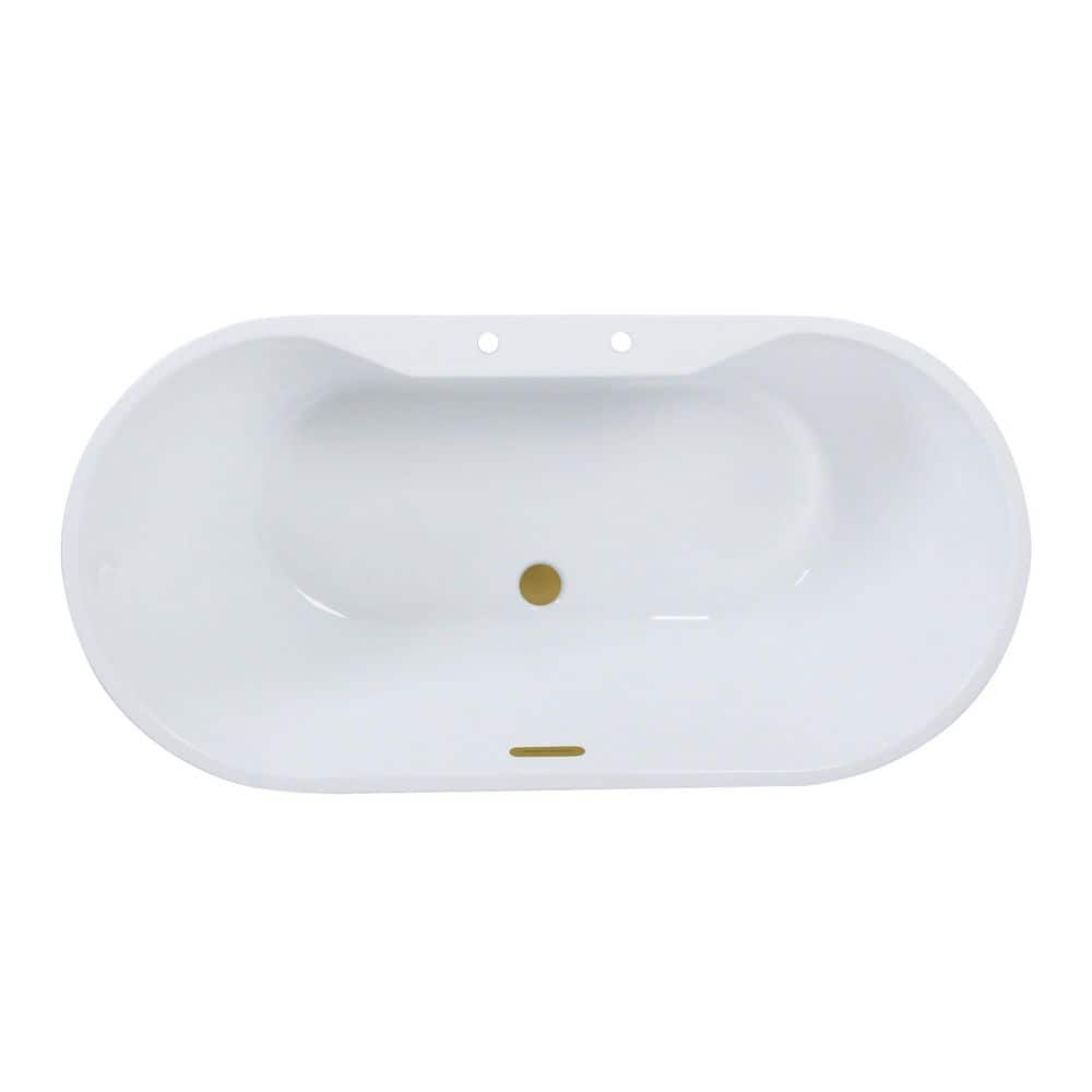 Kingston Brass Aqua Eden 59 in. x 29.3 in. Acrylic Flatbottom Soaking Freestanding Bathtub in Glossy White/Brushed Brass with Drain (1)