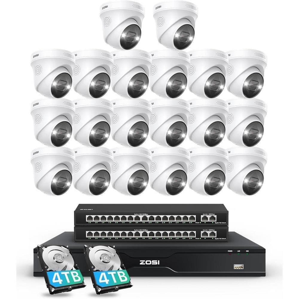 ZOSI 32-Channel 4K UHD 8TB POE NVR Home Security Camera System with 20 Wired 8MP Commercial Outdoor Dome IP Cameras (1)