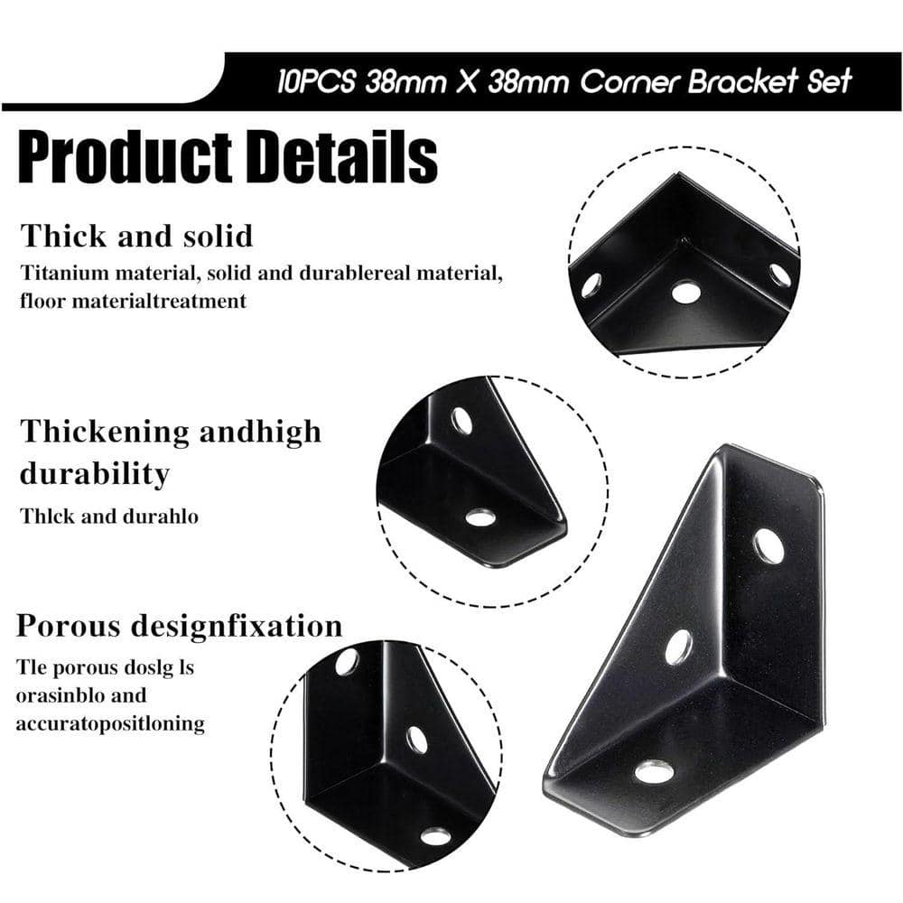 KIWDZFU 38mm x 38mm Steel Triangle Corner Brackets Black for Wood Metal Table Cabinet 10 Pack (2)