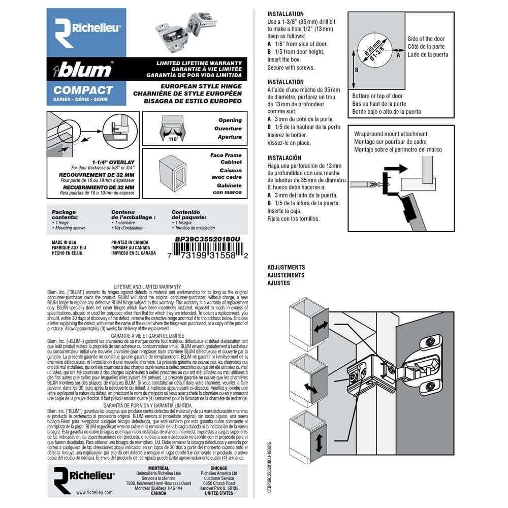 Blum COMPACT Series 35 mm Spring Closing 1-1/4 in. Overlay for Face Frame Cabinet Wrap-around Hinge (2)