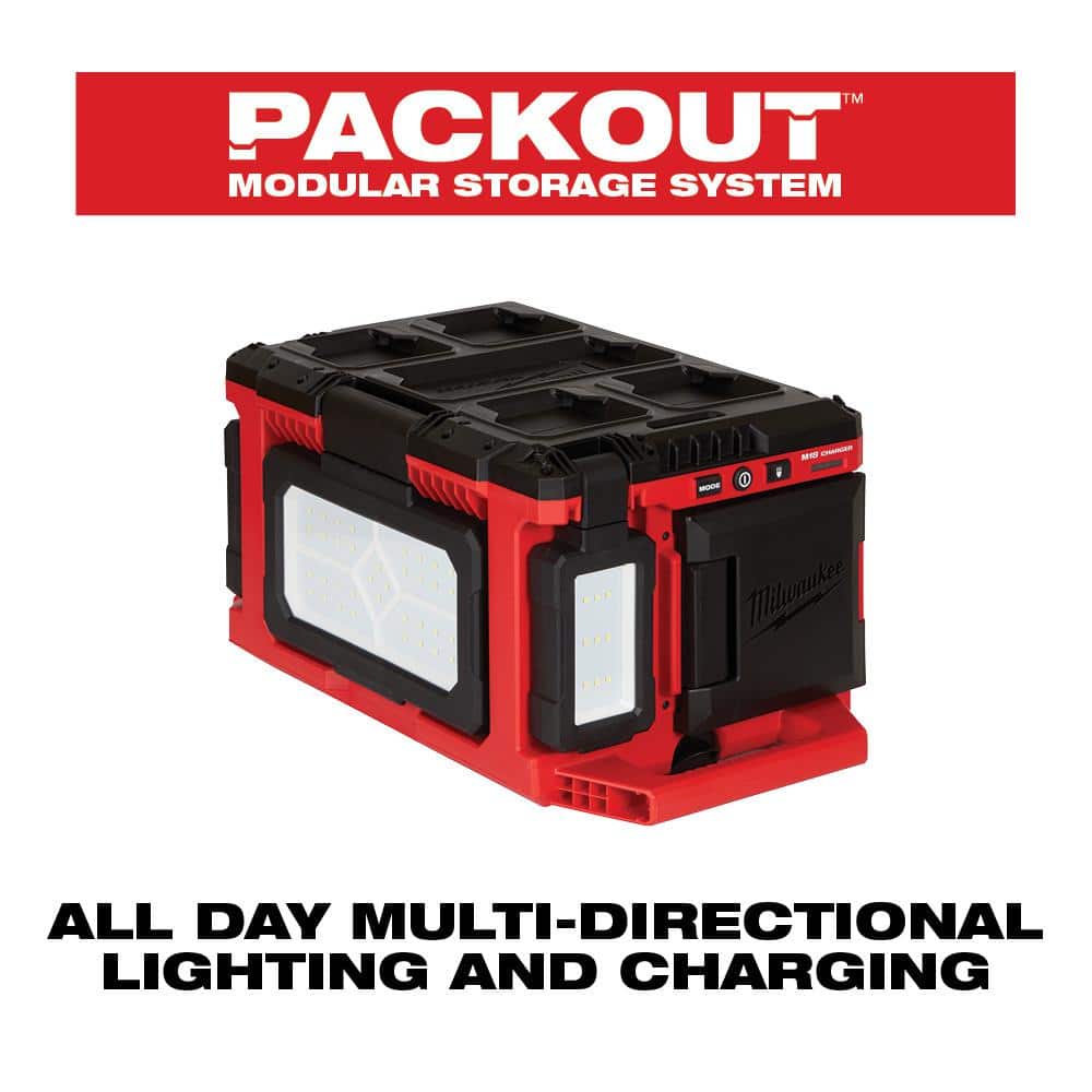 Milwaukee M18 18-Volt Lithium-Ion Cordless PACKOUT 3000 Lumens LED Light with Built-In Charger and M18 Compact Inverter (2)