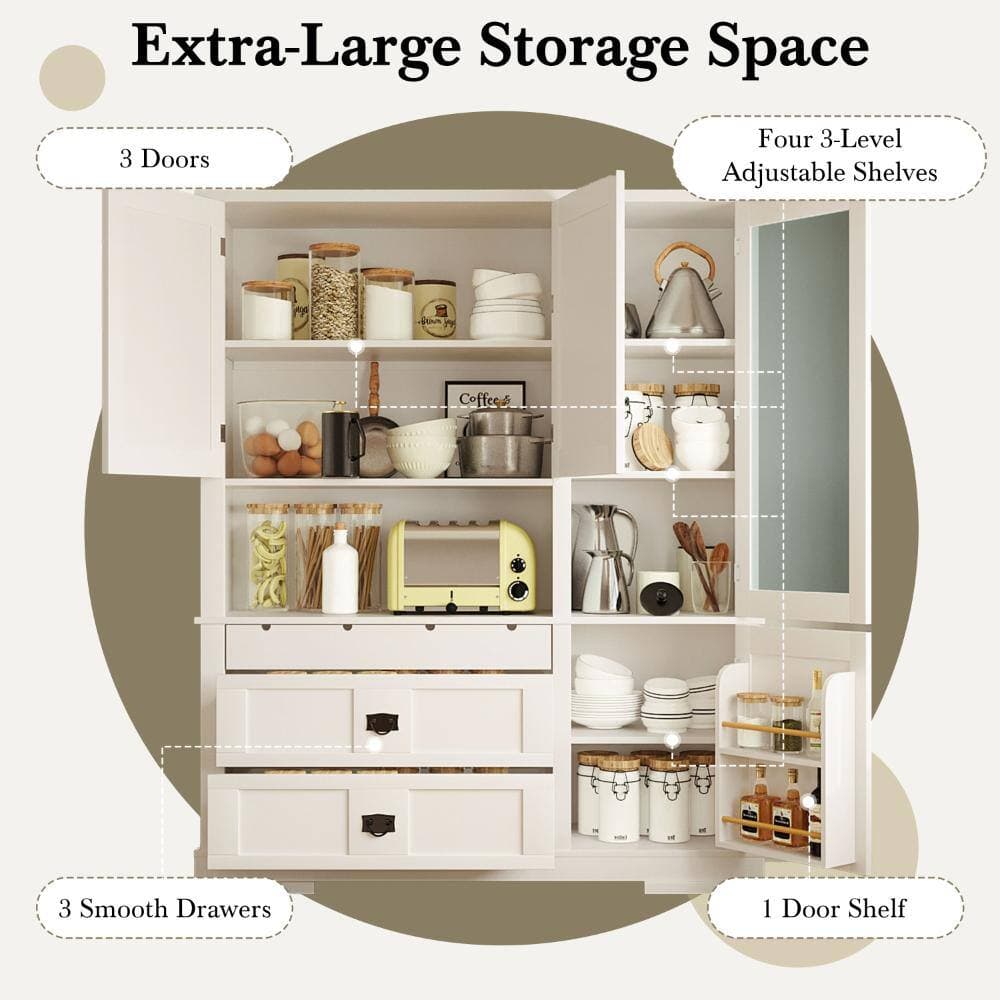 COWLOWN 63.3 in. W x 17.8 in. D x 78.3 in. H White Linen Cabinet with Hutch, Drawers, Adjustable Shelves (3)