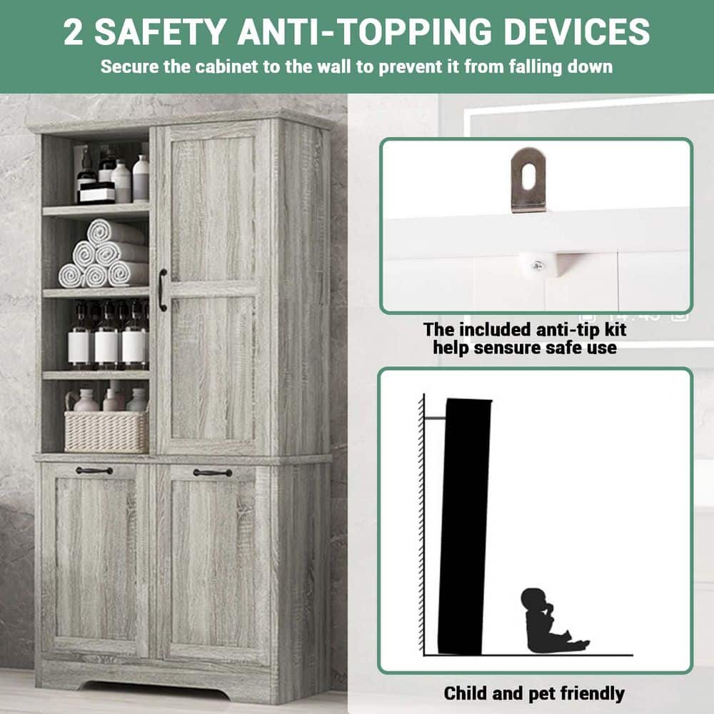 Bezeit 31 in. W 14 in. D 68 in. H Gray MDF Freestanding Linen Cabinet with Tilt-Out Laundry Hamper and Open Shelves (2)