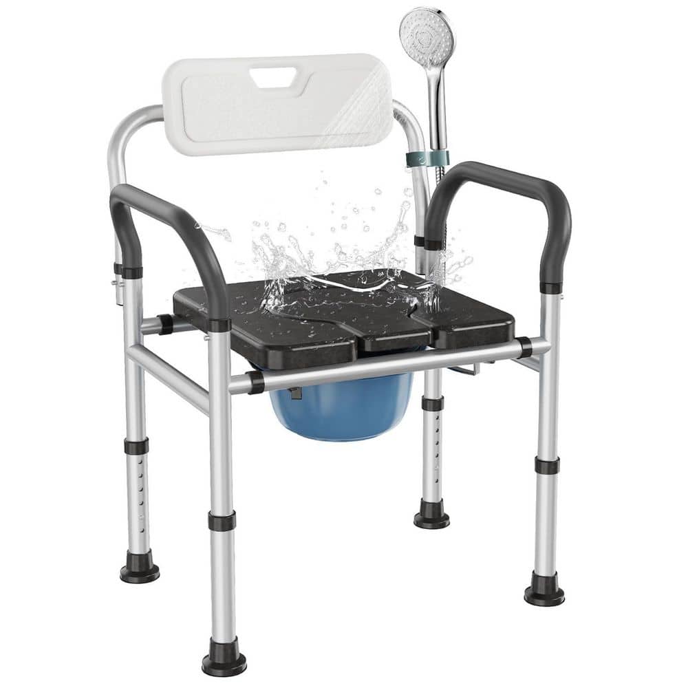 Numhew Bedside Commode Chair with Bucket, Adjustable Height, Raised Toilet Seat with Arms Handles and Back Support for Elderly (1)