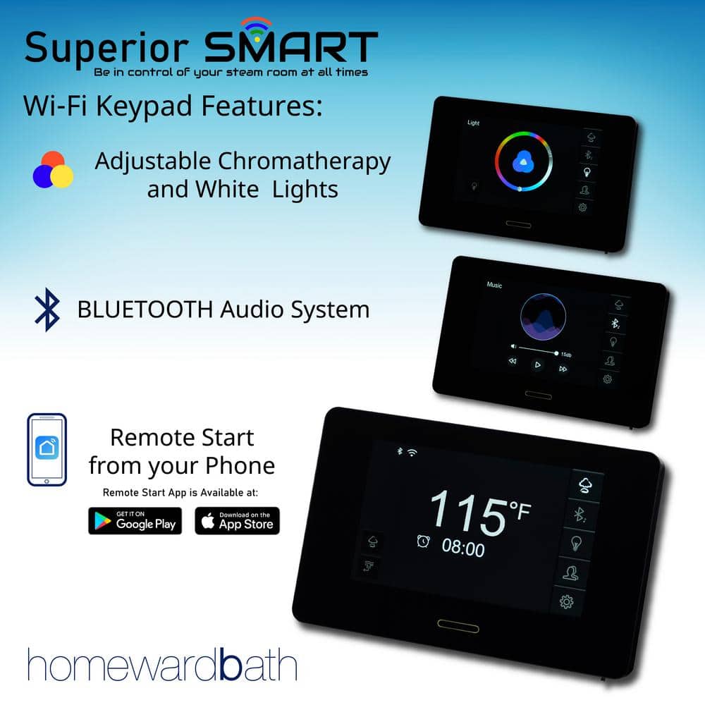 Steam Planet Superior SMART 6kW Self-Draining Steam Bath Generator Kit, Wi-Fi Keypad in Black, Chrome Steam Outlet and 2 Speakers (2)