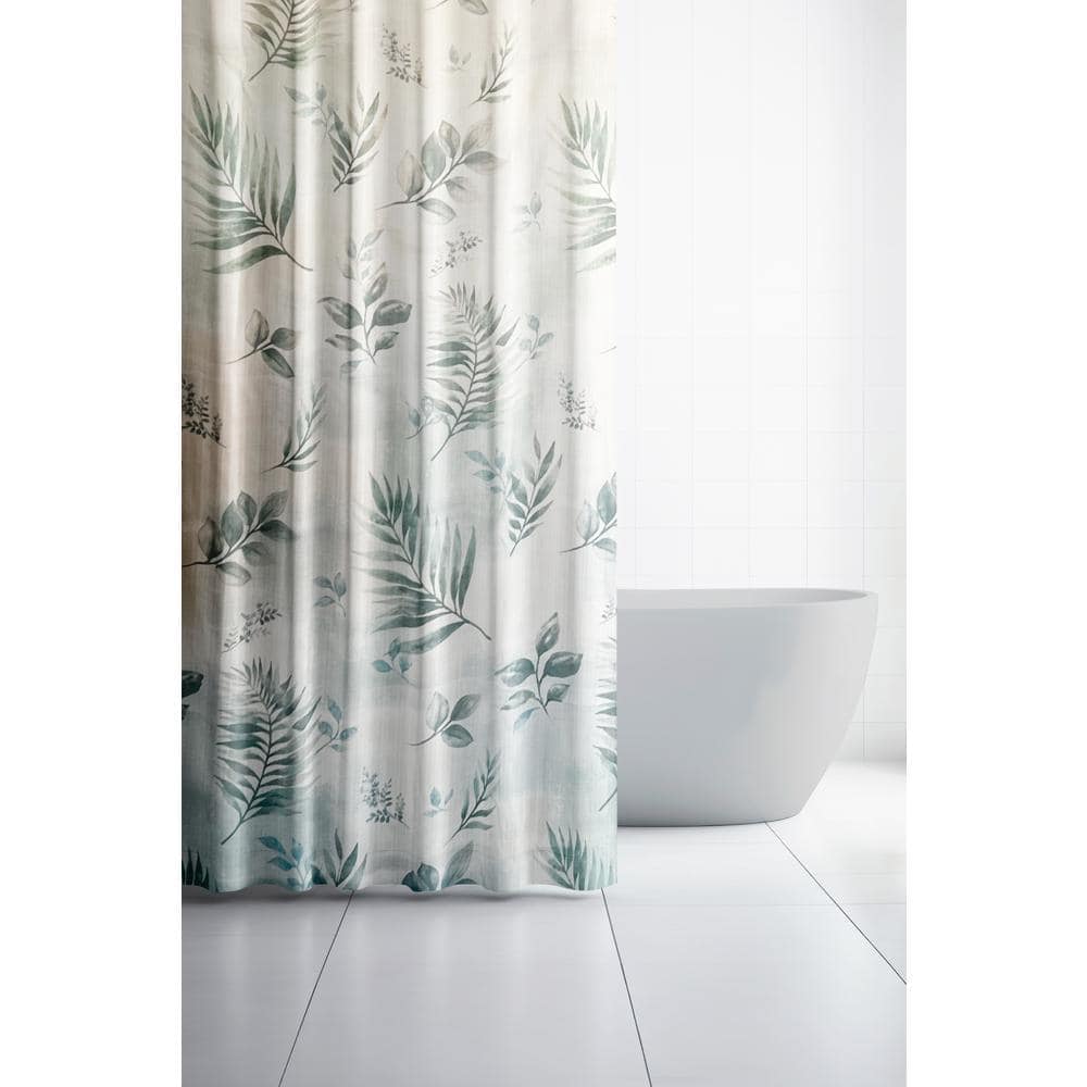 castellousa 54 in. x 78 in. Rothbury Green Leaf Pattern Fabric Shower Polyester Curtain (1)