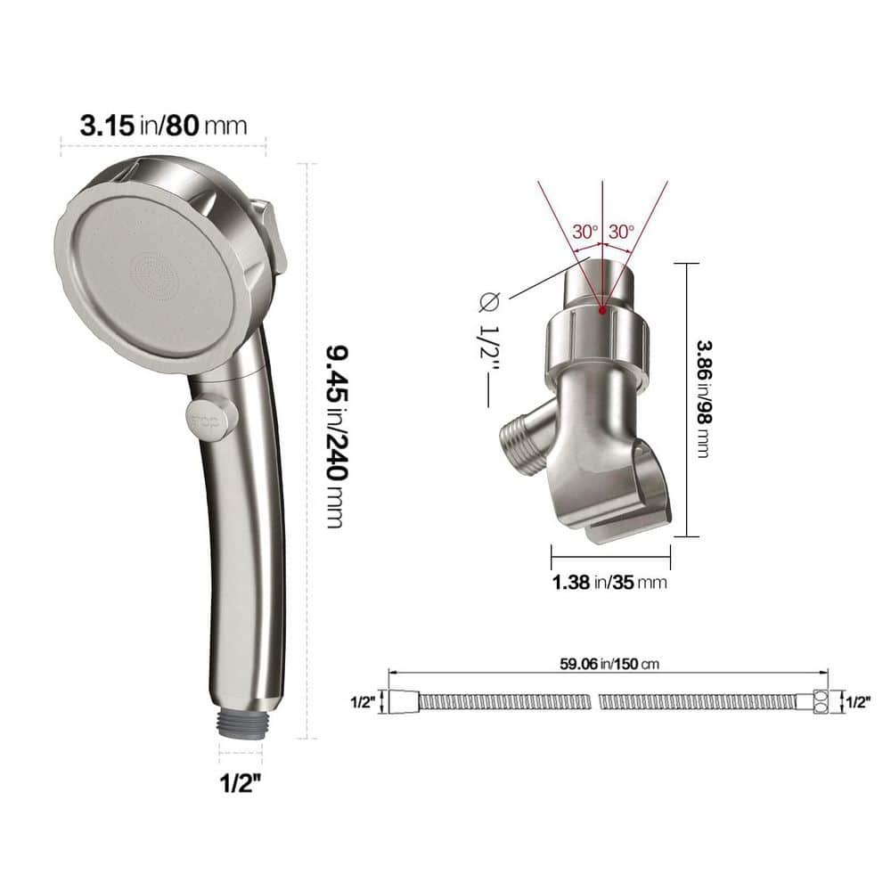 Wudkey 1-Piece Handheld Shower Head with On/Off Pause Switch, 3 Spray Modes, Hose and Adjustable Bracket (2)