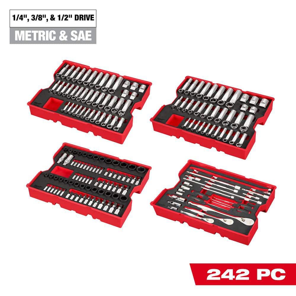 Milwaukee 1/4 in. and 3/8 in. and 1/2 in. Drive Metric & SAE Ratchet & Socket Set with Trays for PACKOUT Drawers (242 Piece) (1)