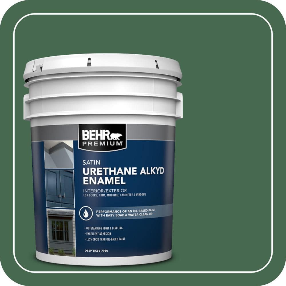 BEHR PREMIUM 5 gal. #M410-7 Perennial Green Urethane Alkyd Satin Enamel Interior/Exterior Paint