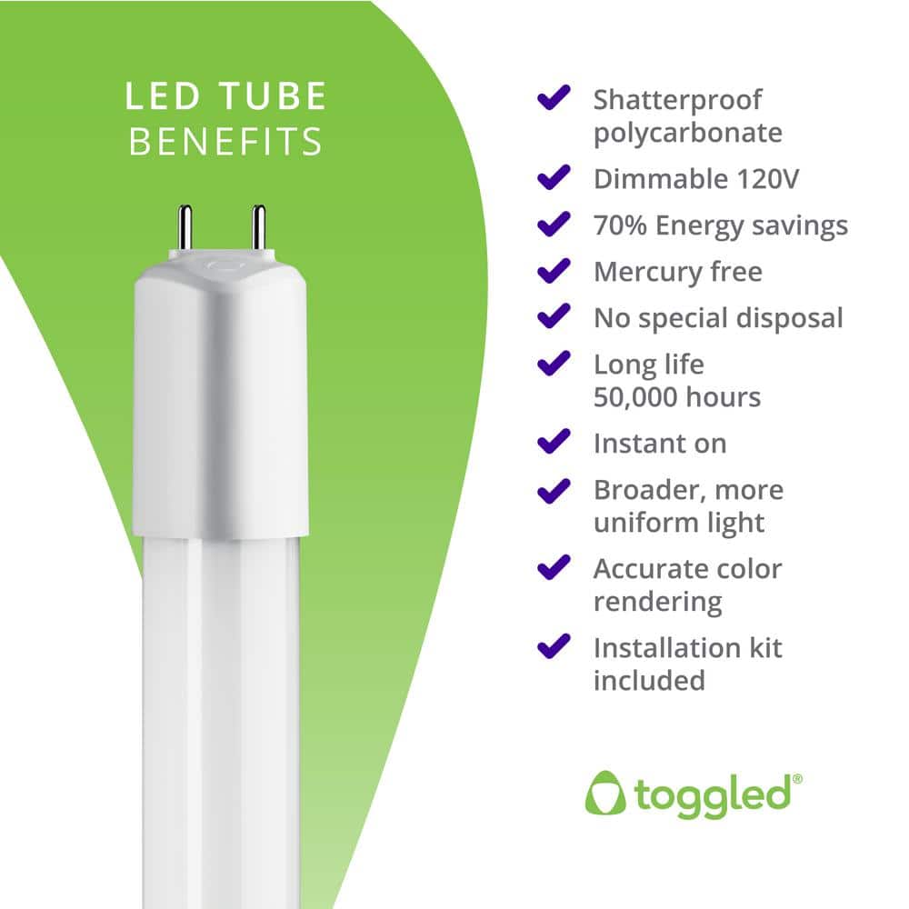 toggled 48 in. 16-Watt Daylight Deluxe T8 Dimmable Linear LED Tube Light Bulb (2-Pack) (4)