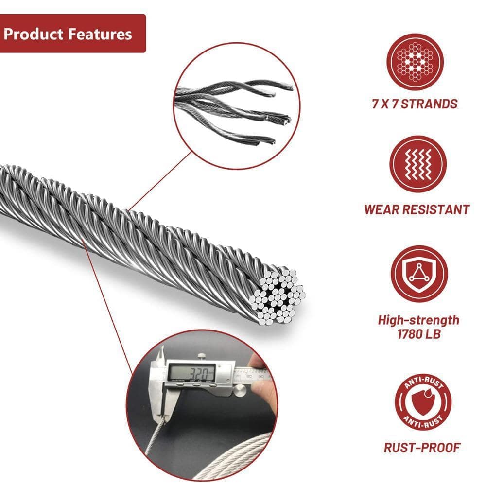 Angel Sar 500 ft. 1/8 Stainless Steel Cable, 7 x 7 Strands Construction Braided Stainless Wire (3)
