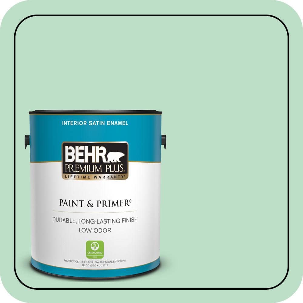 BEHR PREMIUM PLUS 1 gal. #470C-3 Spirited Green Satin Enamel Low Odor Interior Paint & Primer