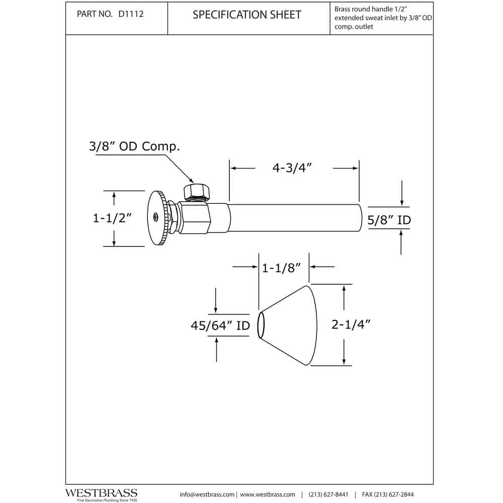Westbrass 1/2 in. Nominal Copper Sweat Inlet Angle Stop with Round Handle and Copper Extension in Polished Brass (2)