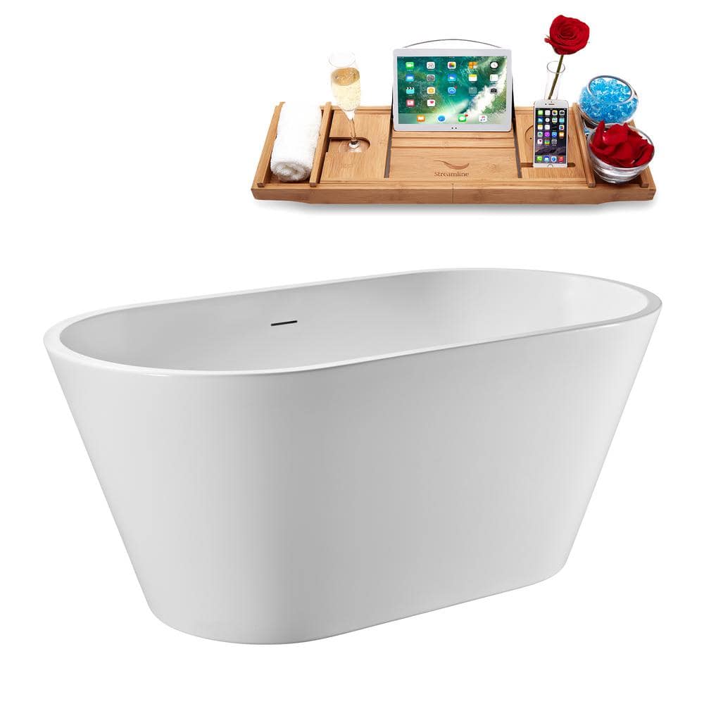 Streamline 55 in. x 28 in. Acrylic Freestanding Soaking Bathtub in Glossy White with Matte Black Drain, Bamboo Tray (2)