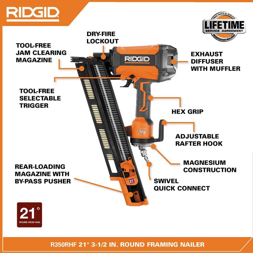 RIDGID Pneumatic 21-Degree 3-1/2 in. Round-Head Framing Nailer and 3-1/2 in. Full-Size Palm Nailer (3)
