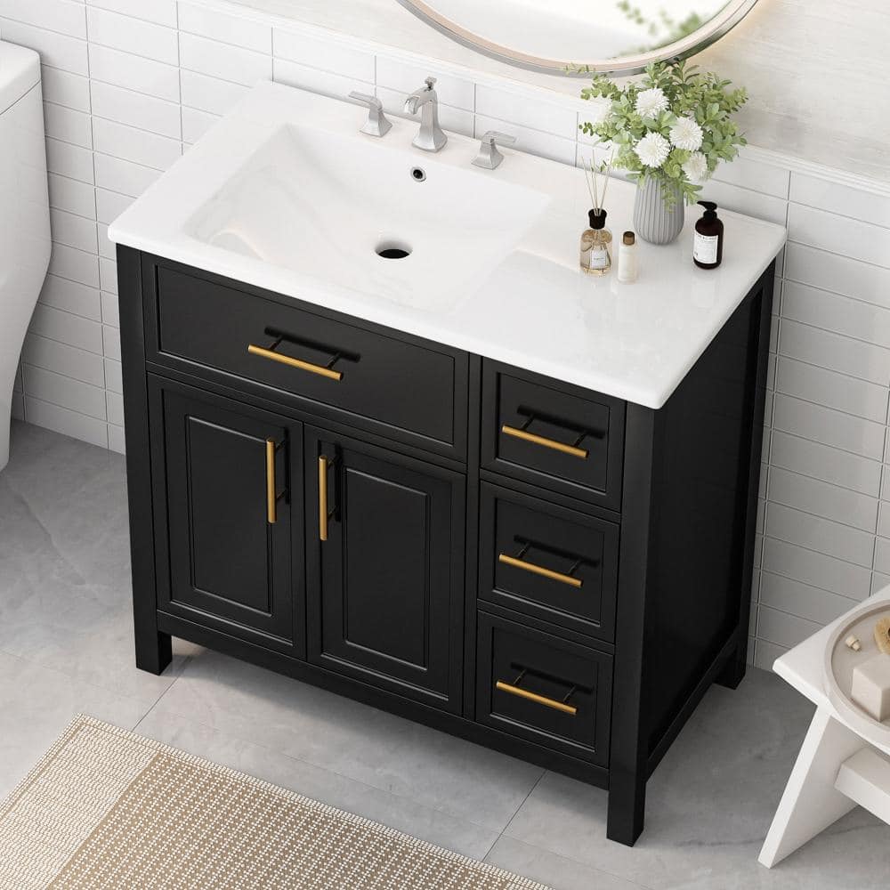 Flynama 36" Black Vanity Sink, 2 Doors & 3 Drawers, Solid Wood+MDF, 1 Pack (1)