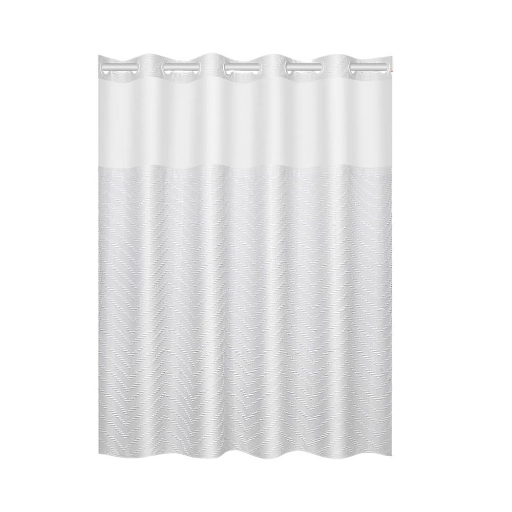 Numhew 71 in. W x 74 in. L Fabric Shower Curtain in Tufted Chevron Striped, Light-filtering No Hook, Mesh Top Window, in White (1)