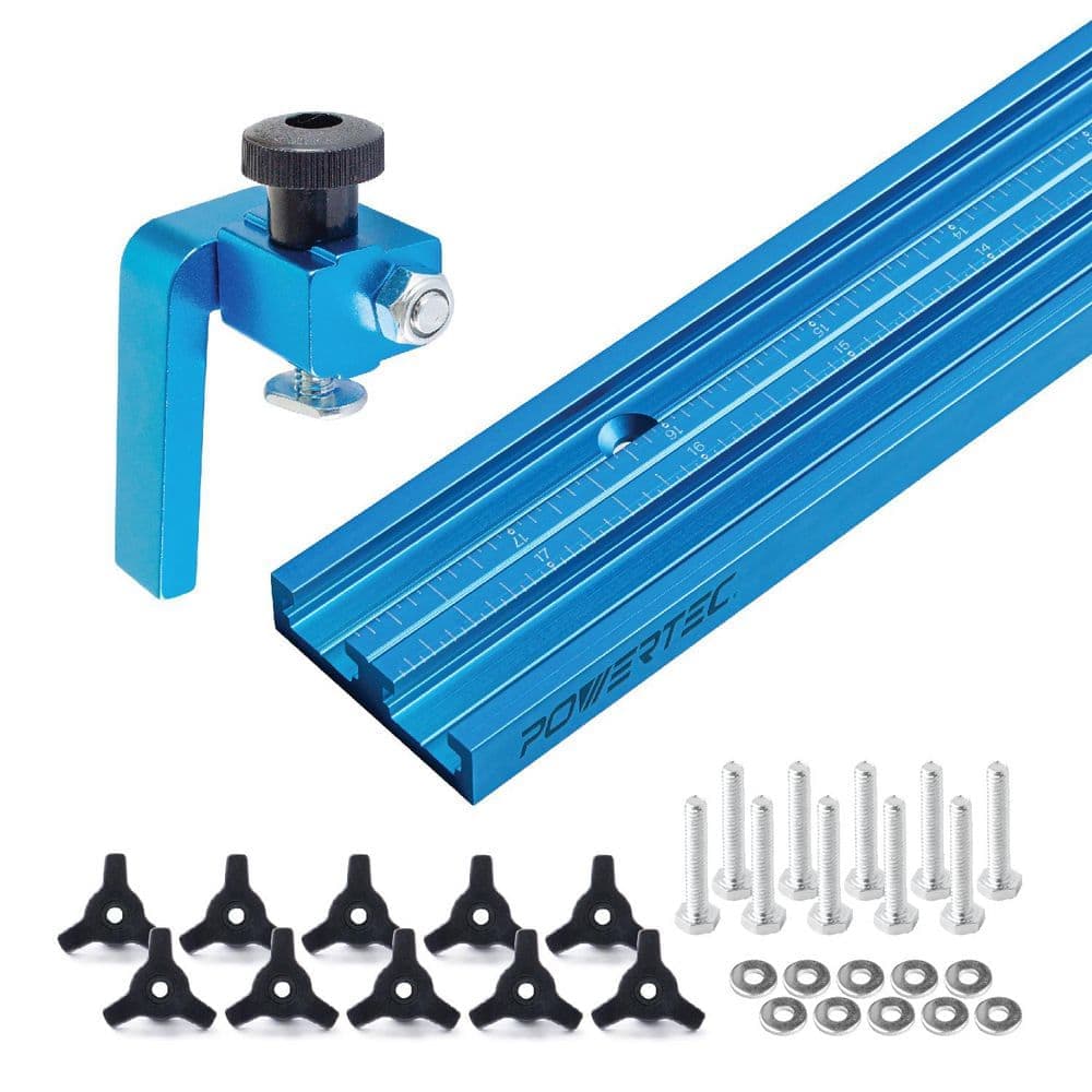 ‎POWERTEC 36 in. Double-Cut Profile Universal T-track with Laser Engraved Center Scale, 3 in. Fence Flip Stop and T Track Knob Kit (1)