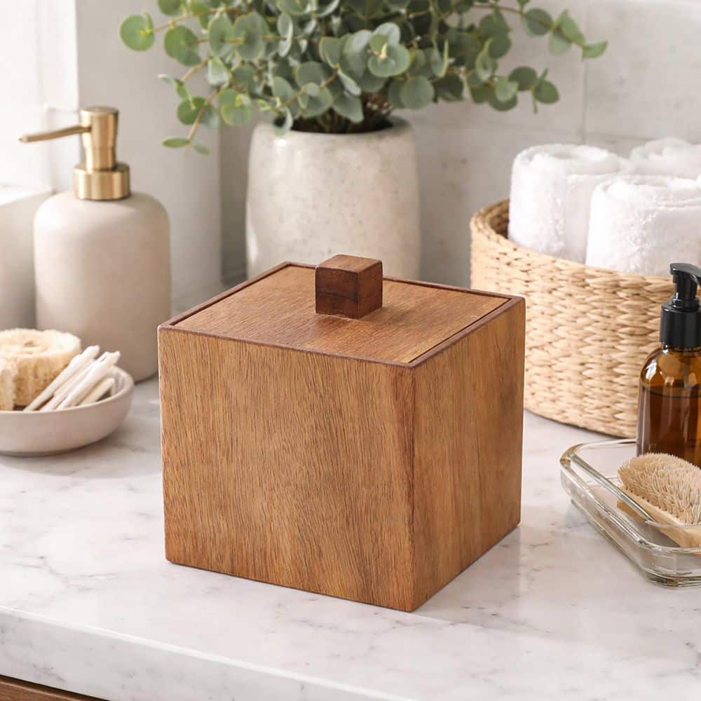 EVIDECO French home goods Freestanding Square Cotton Jar Wood Storage Box with Lid in Brown Acacia (3)