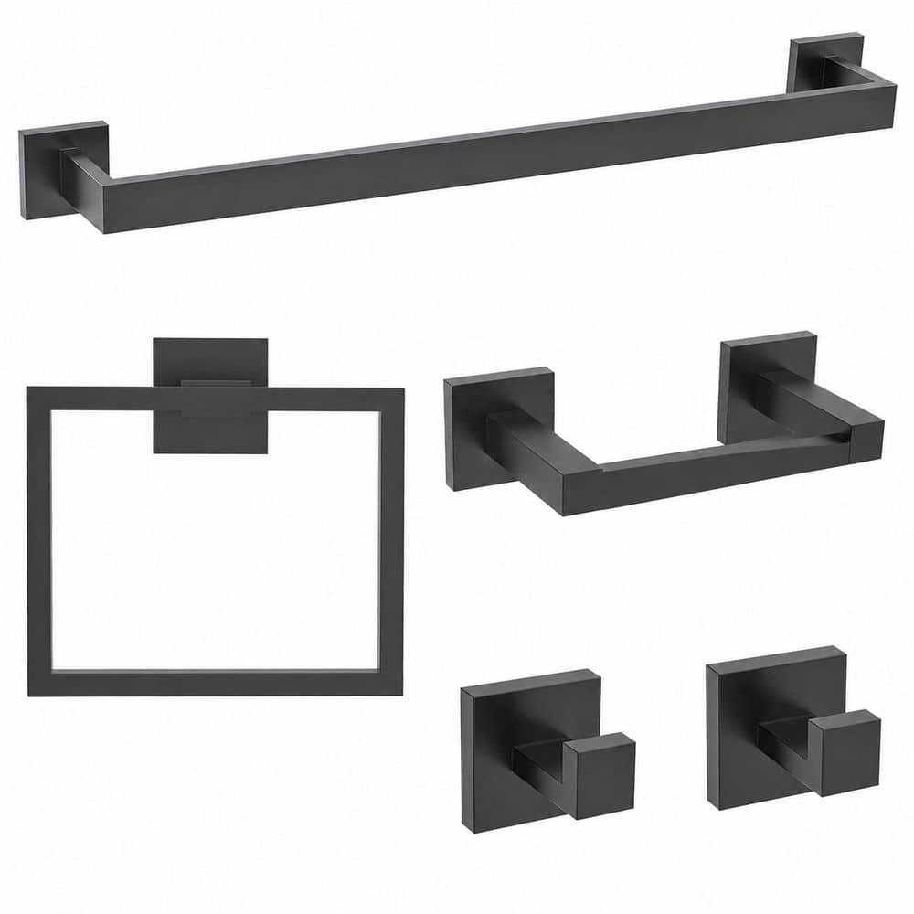 Anqtovp 5-Piece Bathroom Hardware Set with Towel Bar, Hooks, Toilet Paper Holder in Matte Black Stainless Steel Finish (1)
