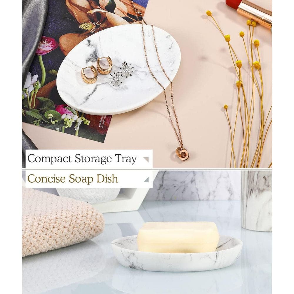 Unbranded 1 Pack Gravel White Marble Resin Oval Soap Dish Holder Tray for Bathroom Vanity Shower and Kitchen Sink (3)