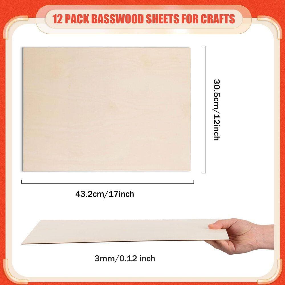 Afoxsos 0.12 in. x 12 in. x 17 in. Basswood Project Panel Specialty Panel 12-Pack for Laser Cutting, Wood Burning, Staining (3)
