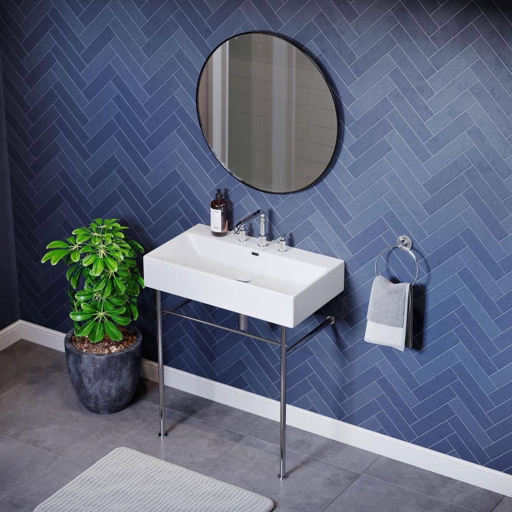 Swiss Madison Claire Ceramic White Console Sink With 30 in. W and Chrome Legs and 8" Widespread Faucet Holes (1)