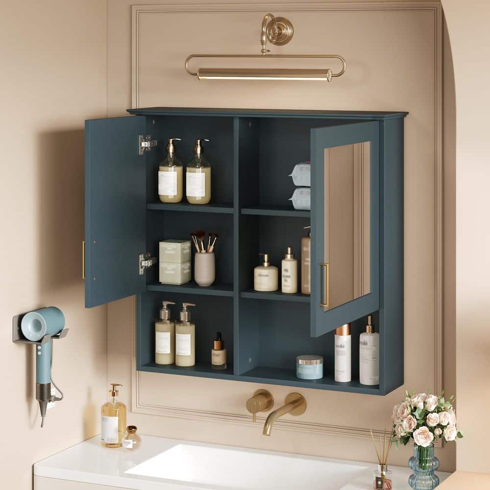 COWLOWN 30 in. W x 7.3 in. D x 28.7 in. H Bathroom Storage Wall Cabinet in Blue with Adjustable Shelves and Soft Close Doors (3)