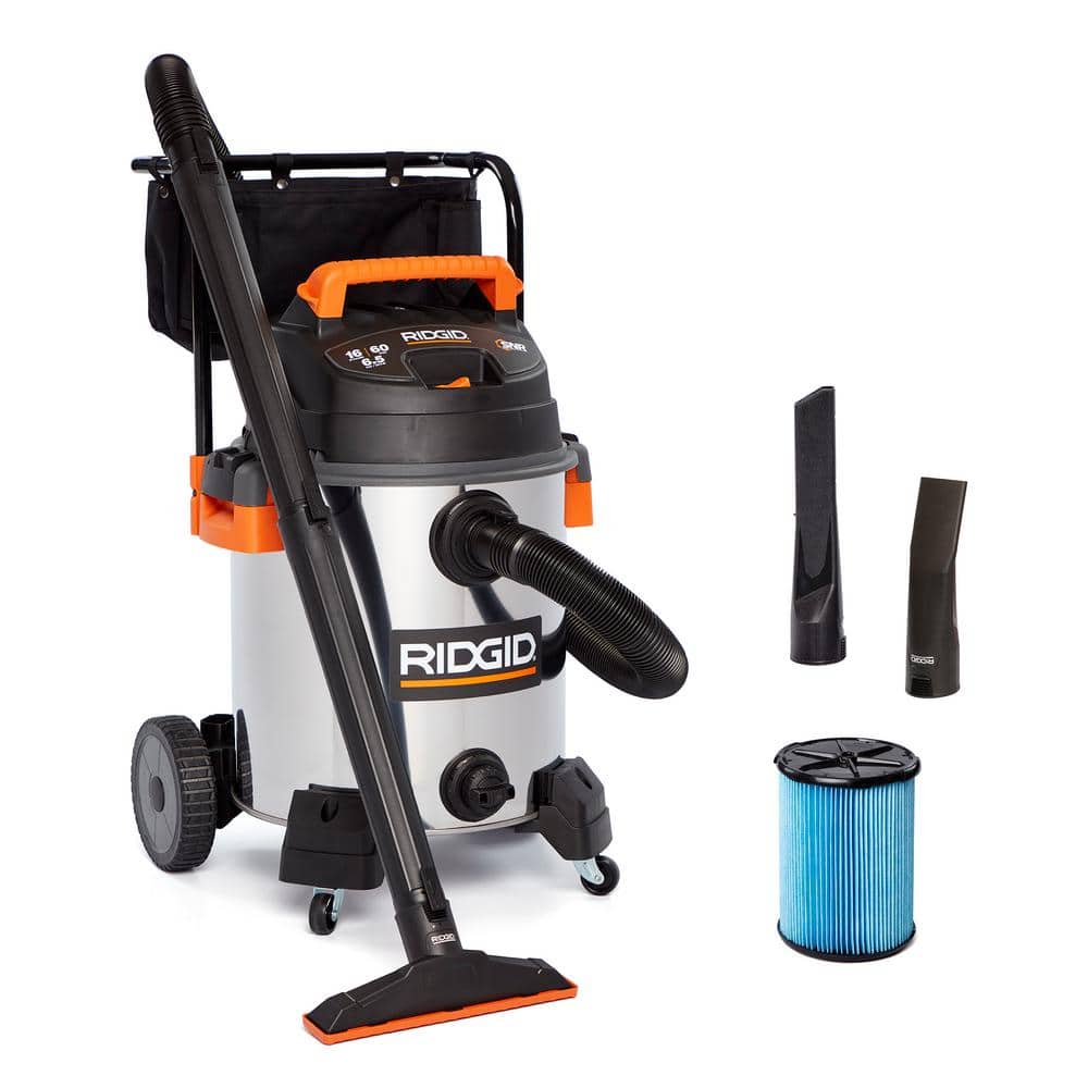 RIDGID 16 Gal. 6.5 Peak HP Stainless Steel Shop Vacuum Wet Dry Vac with Fine Dust Filter, Locking Hose and Attachments WD1956