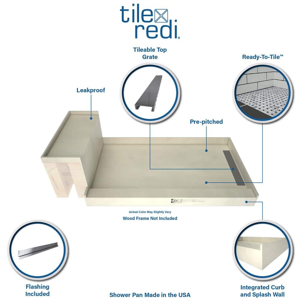 Tile Redi Base'N Bench 48 in. x 72 in. Single Threshold Shower Base and Bench Kit with Right Drain and Tileable Trench Grate (2)