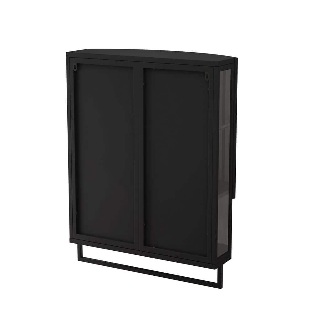 tunuo 24 in. W x 9 in. D x 32 in. H Bathroom Storage Wall Cabinet in Black, with Non-Glass Mirror, Open Shelf and Towel Rack (3)