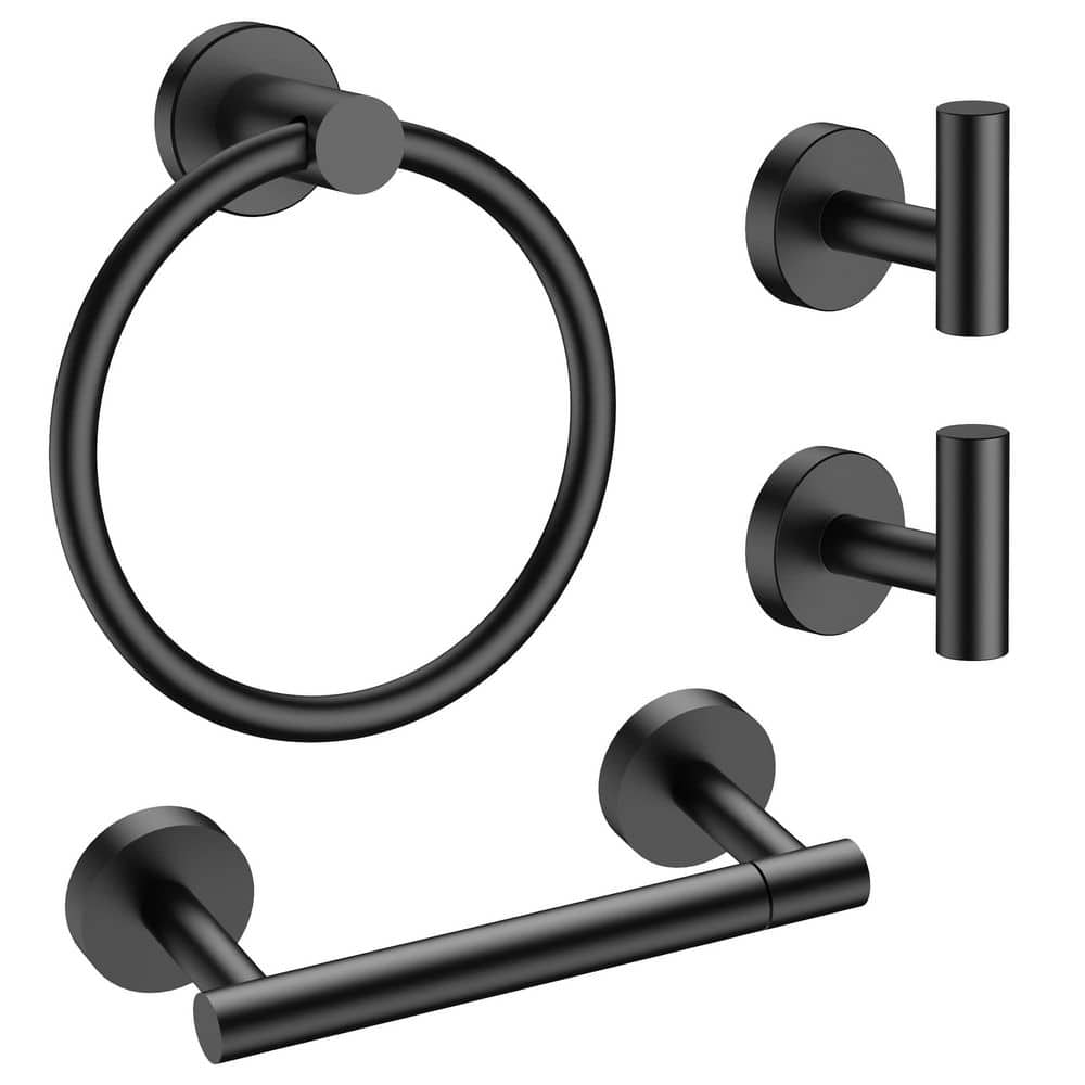 Anqtovp 4-Piece Bathroom Hardware Set with Toilet Paper Holder, Towel Ring, 2 Towel Hooks in Matte Black Finish (1)