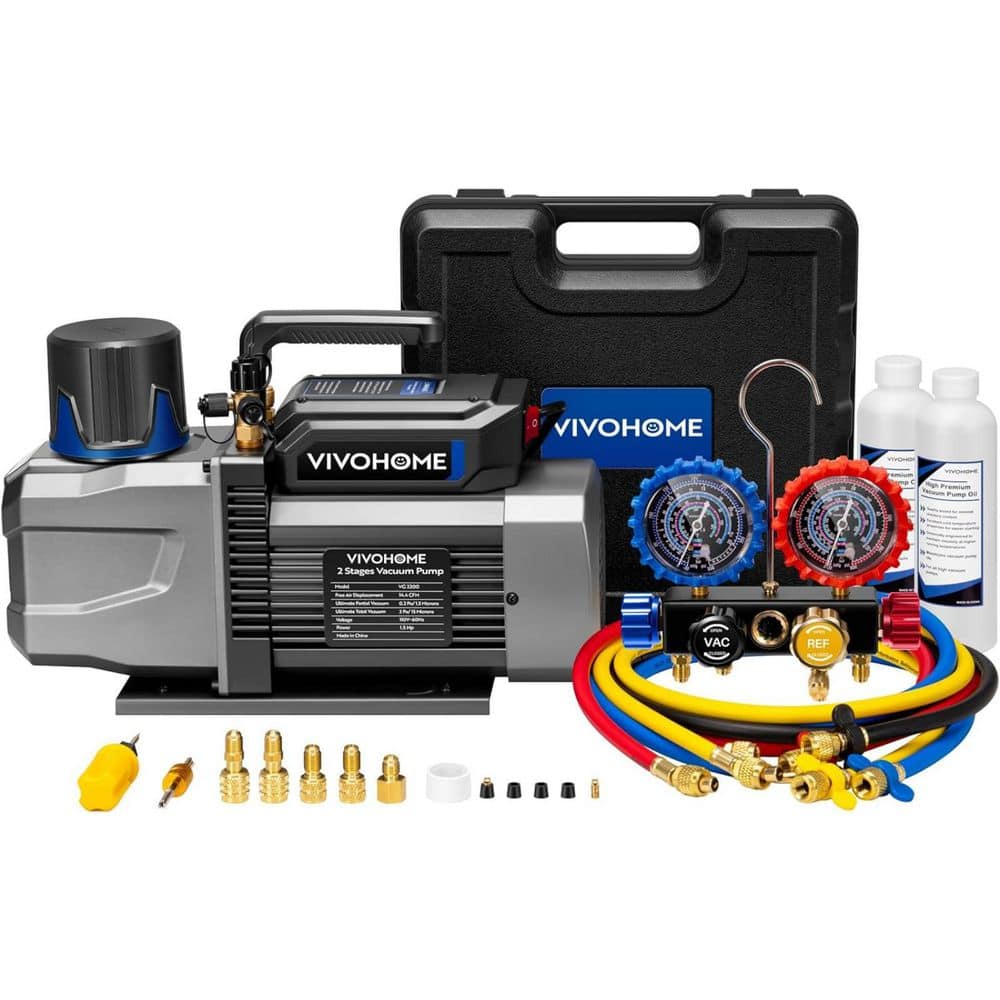 VIVOHOME 1.5 HP 14.4CFM 2-Stage A2L HVAC Vacuum Pump and 4-Way Manifold Gauge Set with Sparkless Motor (1)