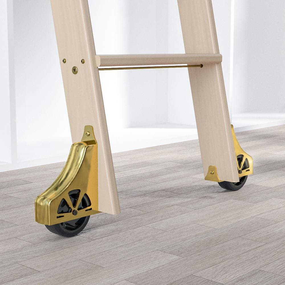 MEADOW LANE 107 in. Clear Pre-Finished Red Oak Library Ladder(119 in. Reach) Polished Brass Top Hook Ladder Kit with 12 ft. Rail (2)