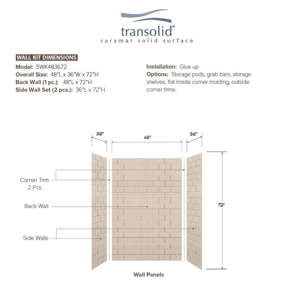 Transolid SaraMar 36 in. x 48 in. x 72 in. 3-Piece Easy Up Adhesive Alcove Shower Wall Surround in Cashew (3)