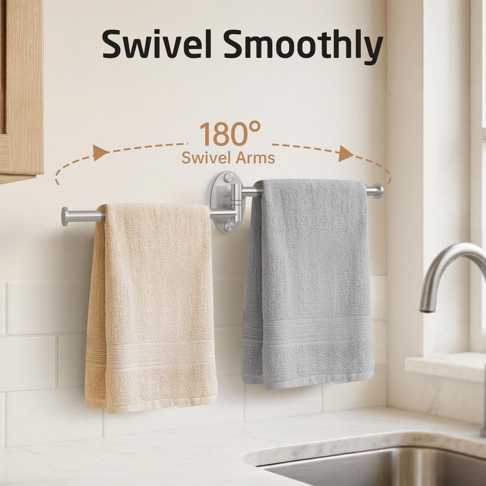 KES 9 in. Wall Mounted Bathroom Kitchen Swivel Towel Bar with 2-Arm in Brushed Finish (2)